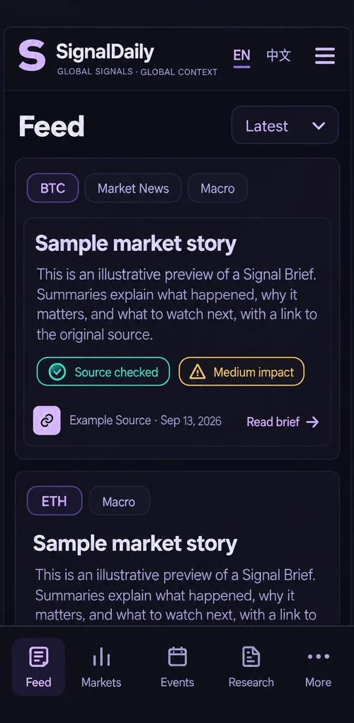 Illustrative SignalDaily Feed in dark mode on a mobile viewport